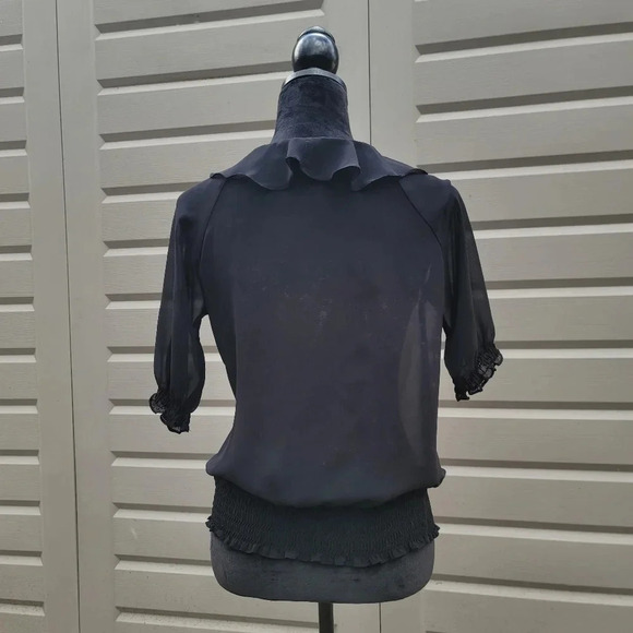 a.n.a. New Aproach Ladies Short Sleeve Black Sheer Ruffle Blouse Sz M Medium - Picture 5 of 9